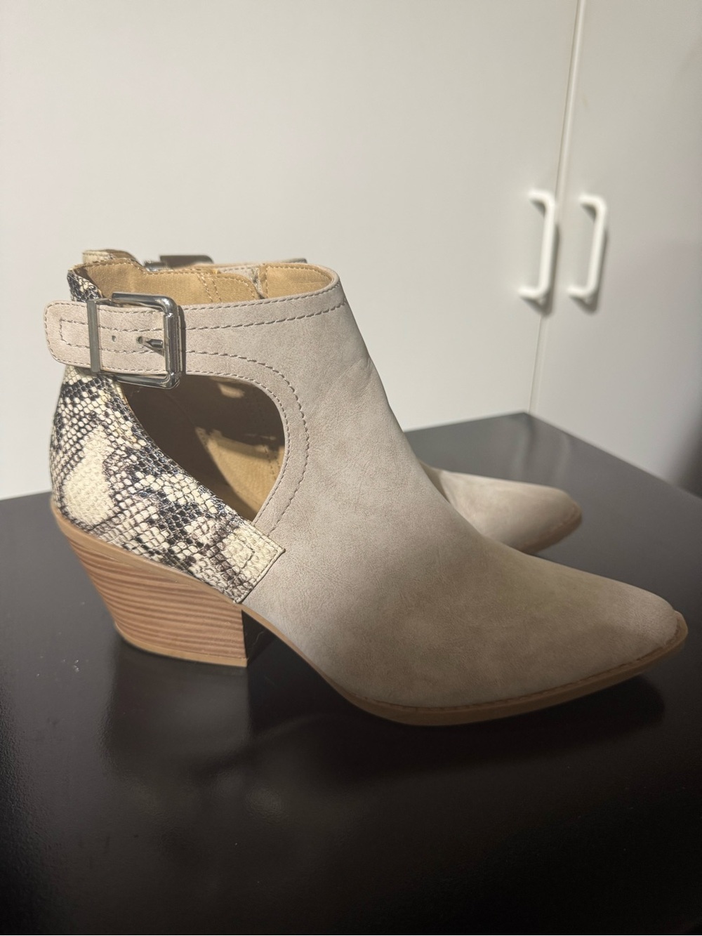Women's Taupe Cutout Ankle Booties with Snakeskin Accent